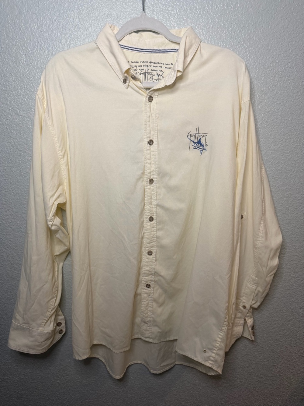 Guy Harvey Cream Long-Sleeve Button-Down Shirt with Blue Logo